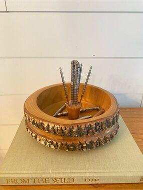 Vintage Nut Bowl and Cracker Set with Picks Wood Tree Bark Edge Rustic Snack Set